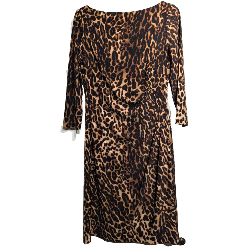 Lauren Ralph Lauren Dress Womens 6 Brown Leopard Print Ruched Sheath Knee Length